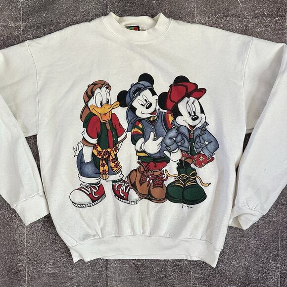 Men's Vintage Mickey Minnie Mouse Donald Duck Hip Hop Crewneck Sweatshirt Sz L - Picture 1 of 4